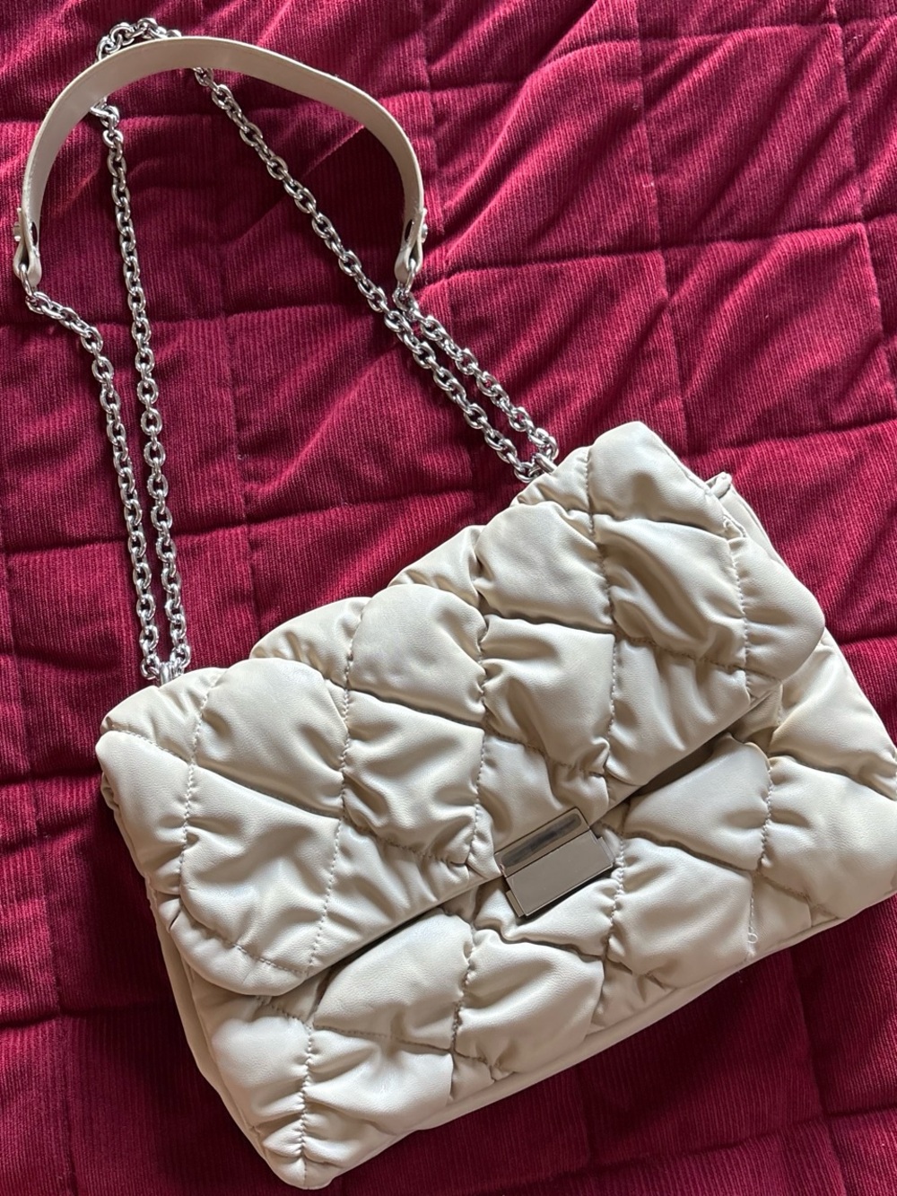 H&M Quilted Cream Shoulder Bag with Silver Chain